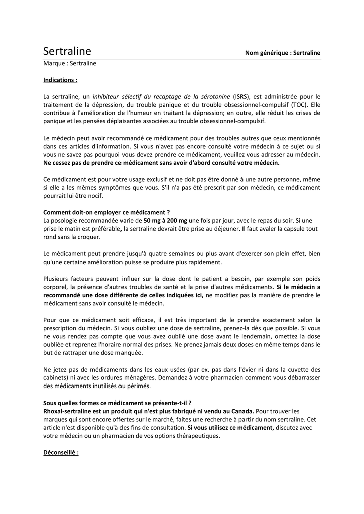 Médicament Générique Sertraline