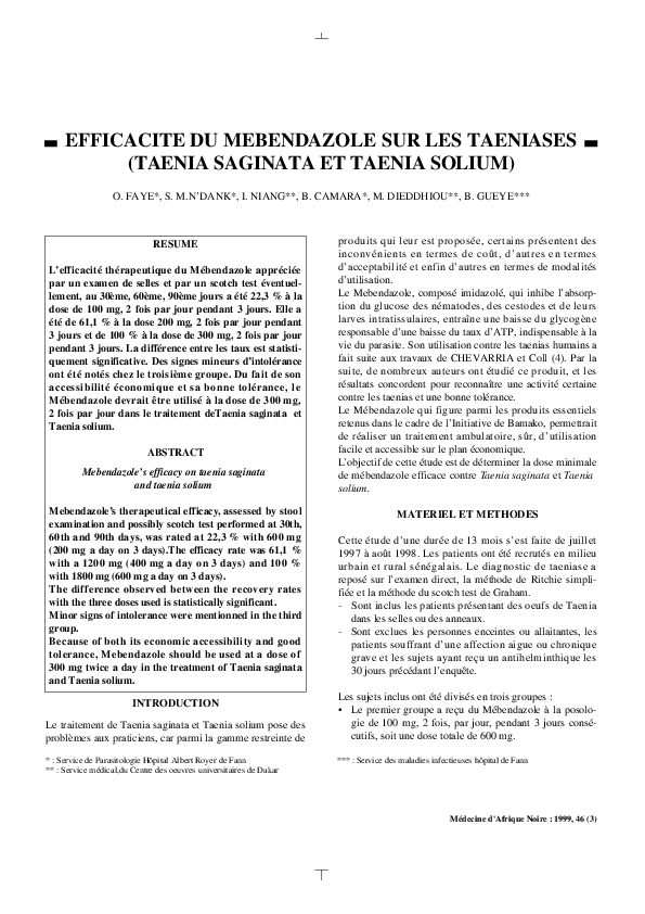 Coût du mebendazole